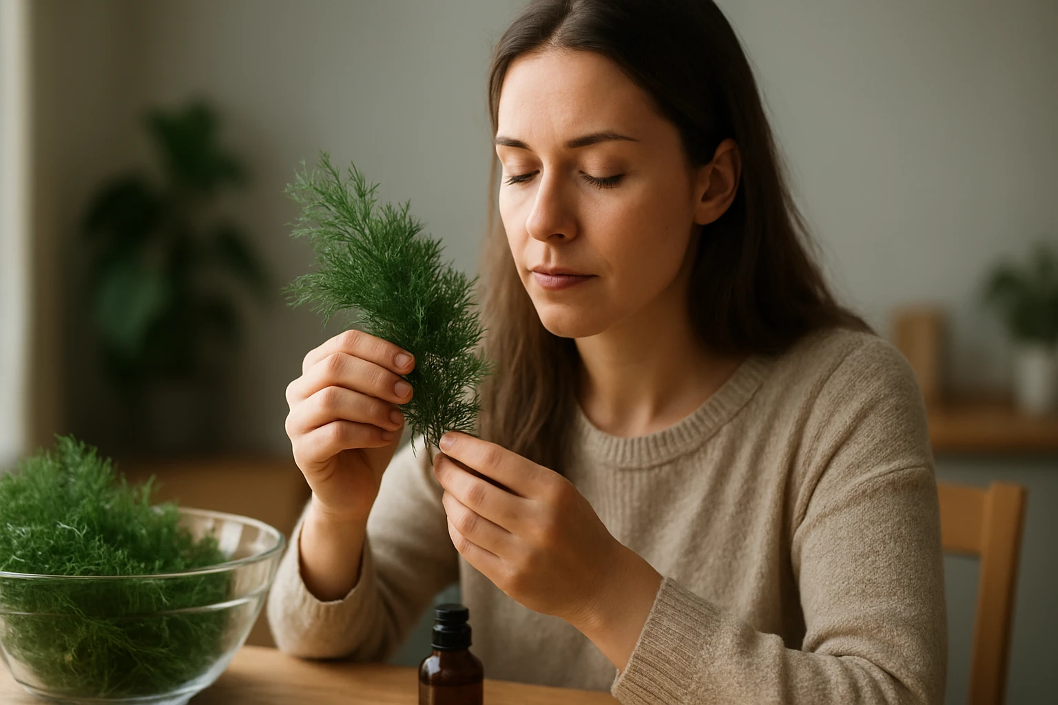 Žena skúma kôpor na liečebné účely v domácom prostredí.