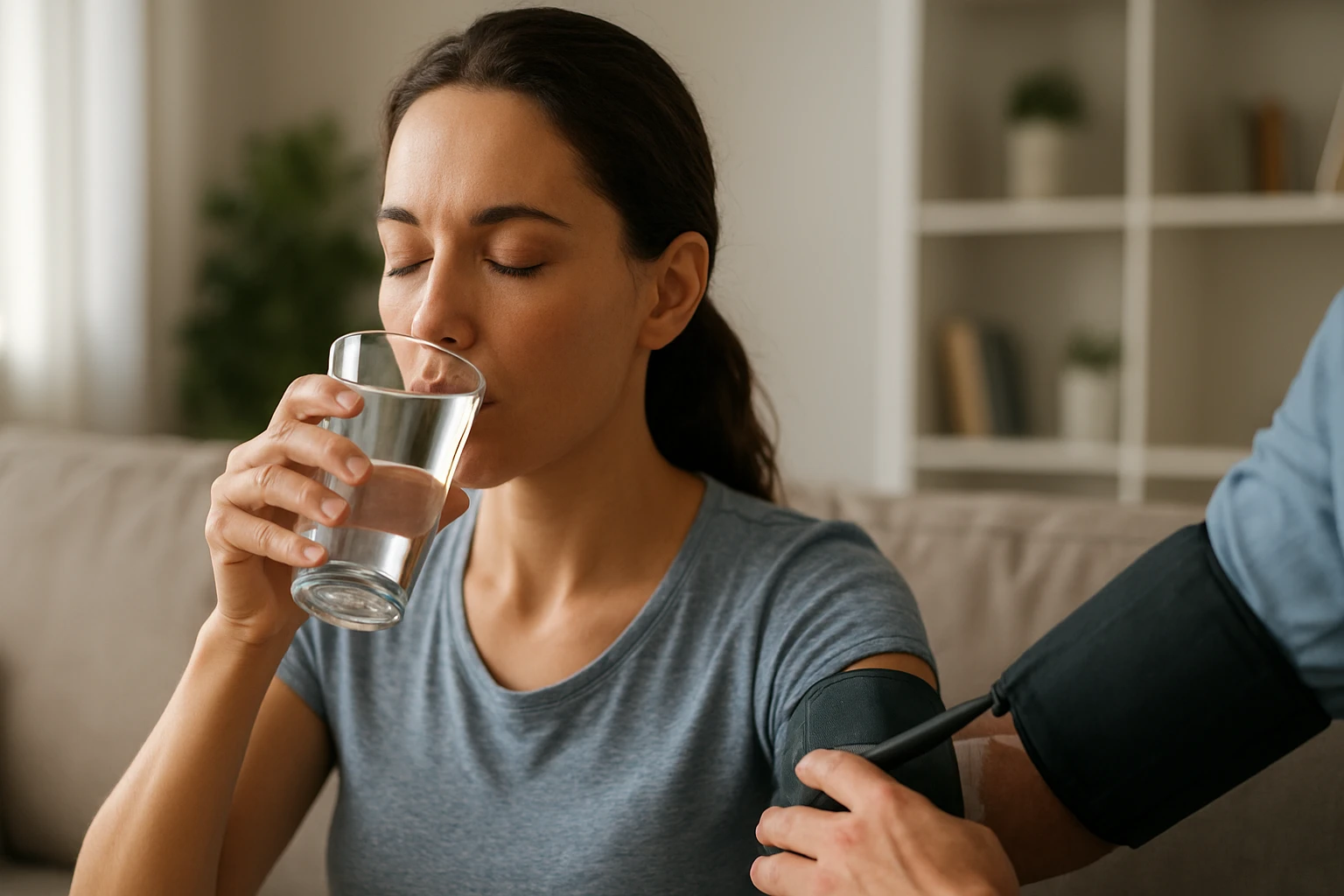 Žena pije vodu, monitoruje krvný tlak a zlepšuje svoje zdravie.