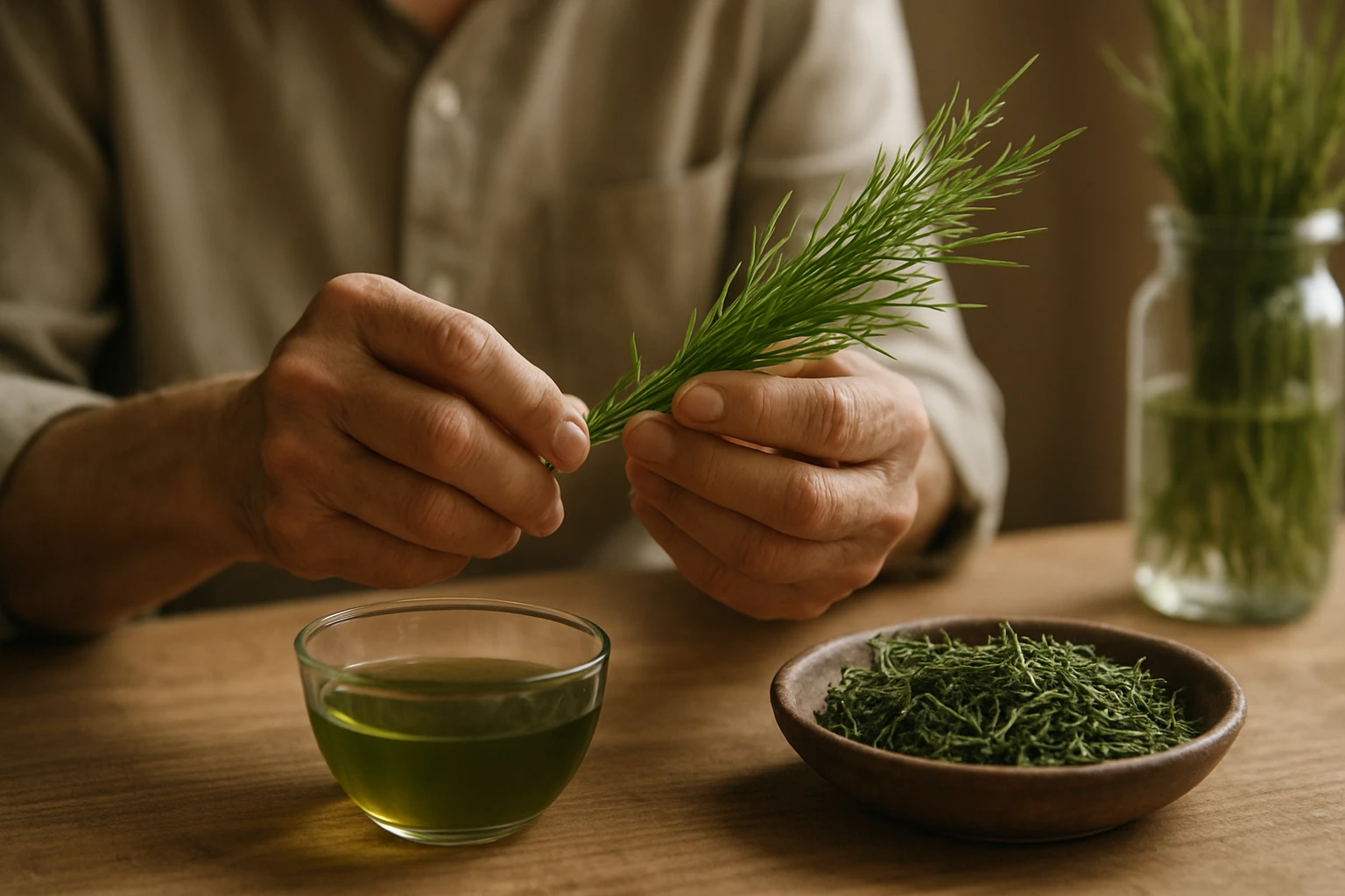 Ruky držiace čerstvý lekársky puškvoriec nad šálkou s bylinkovým čajom