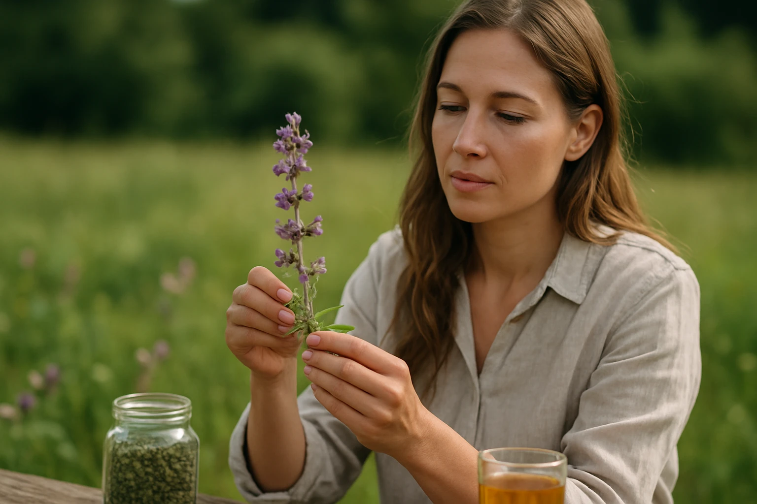 Žena skúma lúčnu šalviu, prírodný liek s mnohými zdravotnými výhodami.