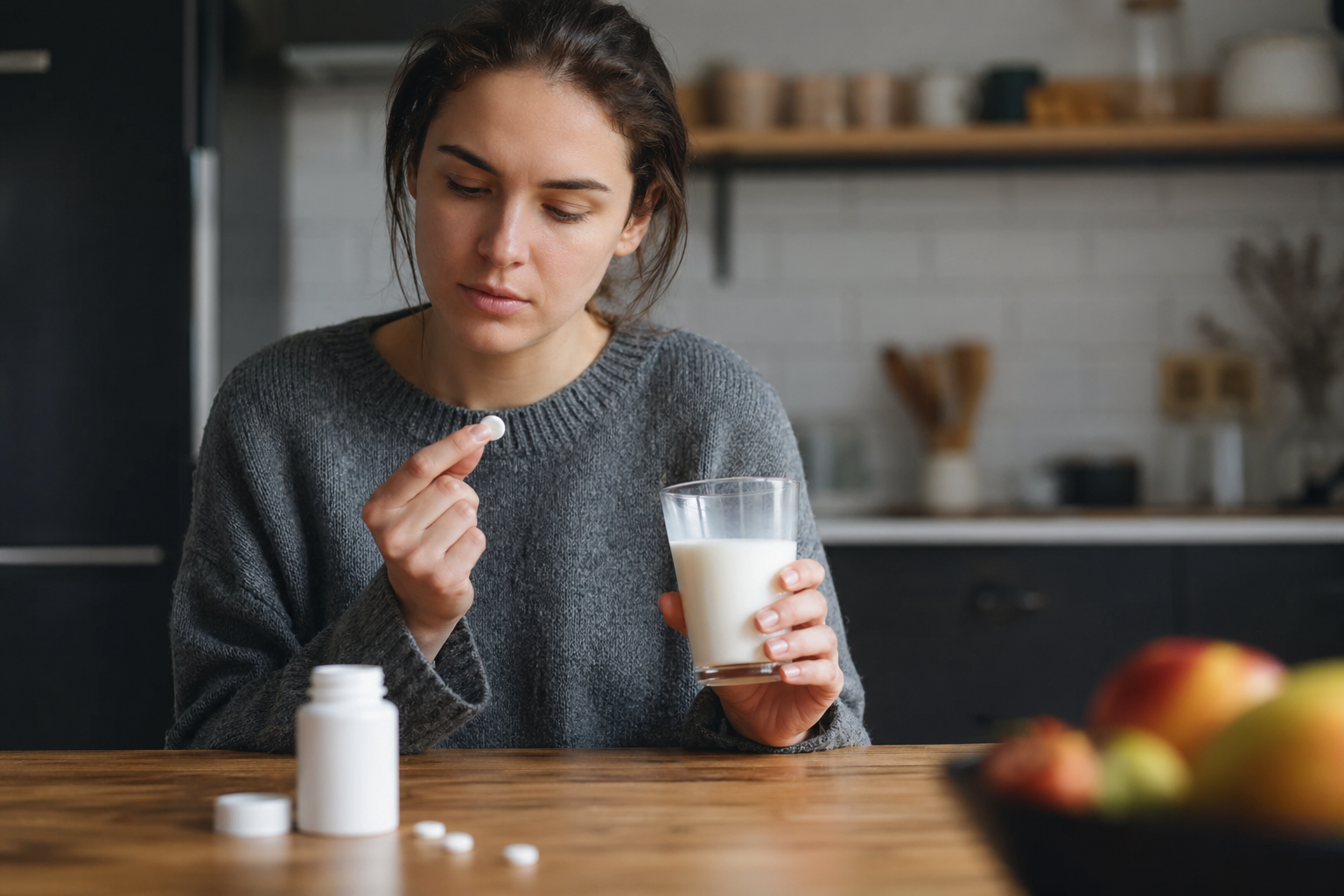 Žena s pohárom mlieka a liekom, hodnotí interakciu mlieka a liekov.
