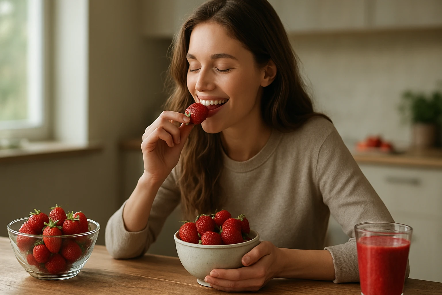 Žena si vychutnáva čerstvé jahody a smoothie v kuchyni.