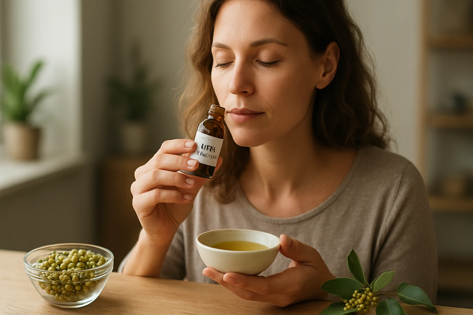 Žena s olejom Litsea cubeba, zdravie a aromaterapia