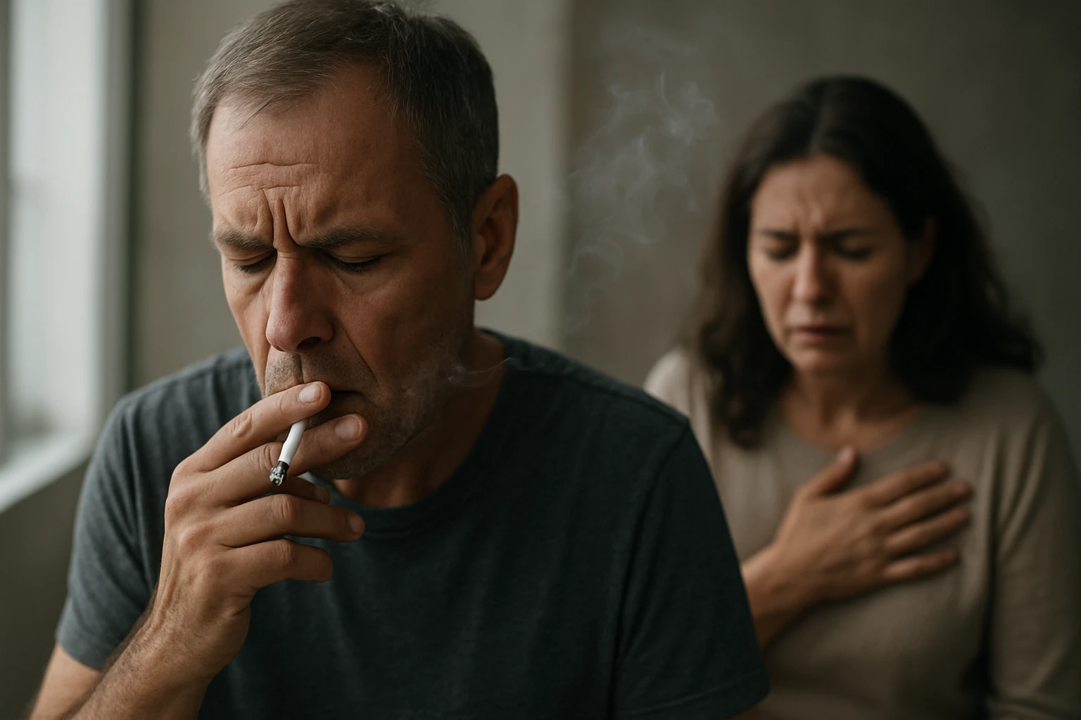 Muž fajčiaci cigaretu, žena trpiaca následkami fajčenia.