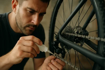 Ručné mazanie bicyklového reťazca pre efektívne maznanie.