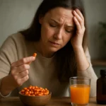 Žena so znepokojeným výrazom drží rakytník, vedľa ju čaká šťava a liek.