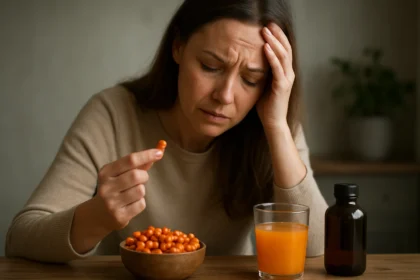 Žena so znepokojeným výrazom drží rakytník, vedľa ju čaká šťava a liek.