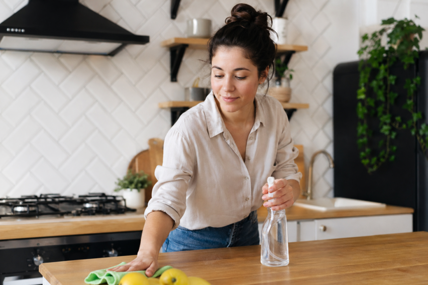 Žena čistí stôl v kuchyni pomocou trisódu.