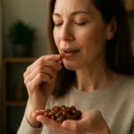 Žena vychutnáva hrozienka ako zdravý snack.