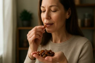 Žena vychutnáva hrozienka ako zdravý snack.