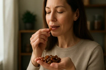 Žena vychutnáva hrozienka ako zdravý snack.