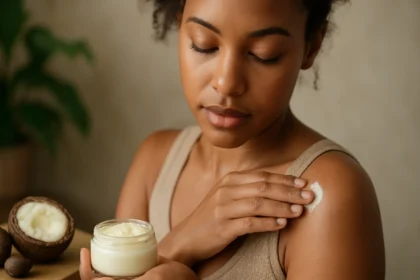 Žena nanáša bambucké maslo na pleť pre hydratačné účinky.
