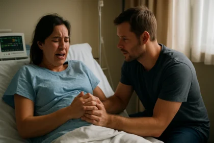 Otec podporuje matku pri pôrode, vyjadruje podporu a empatiu.