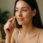 Žena s doplnkom PABA, ktorý podporuje zdravie pokožky a vlasov.