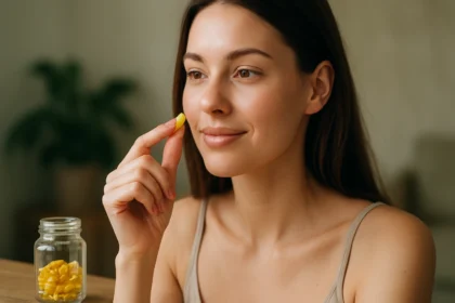 Žena s doplnkom PABA, ktorý podporuje zdravie pokožky a vlasov.