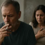 Muž fajčiaci cigaretu, žena trpiaca následkami fajčenia.