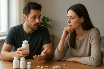 Diskusia o doplnkoch výživy medzi mužom a ženou.