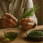 Ruky držiace čerstvý lekársky puškvoriec nad šálkou s bylinkovým čajom