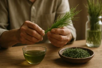 Ruky držiace čerstvý lekársky puškvoriec nad šálkou s bylinkovým čajom