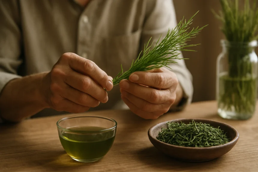 Ruky držiace čerstvý lekársky puškvoriec nad šálkou s bylinkovým čajom