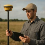 Odborník merania polohy s RTK GPS zariadením v teréne.