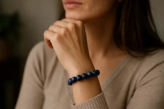 Žena nosí sodalitový náramok, symbol harmónie a intuície.