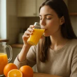 Žena pije 100% pomarančový džús s pohárom a džbánom vedľa.