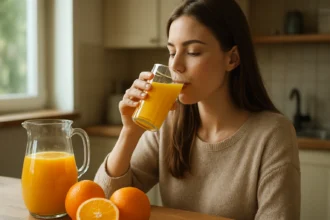 Žena pije 100% pomarančový džús s pohárom a džbánom vedľa.