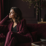 Mladá žena v bordovom obleku relaxuje na pohovke