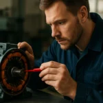 Technik kontroluje elektromotor a jeho súčasti pomocou skrutkovača.