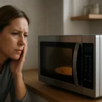 Žena premýšľa o bezpečnosti mikrovlnnej rúry