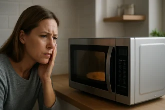 Žena premýšľa o bezpečnosti mikrovlnnej rúry