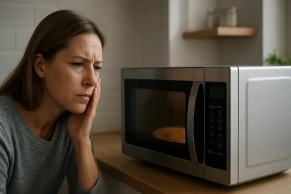 Žena premýšľa o bezpečnosti mikrovlnnej rúry