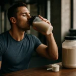 Muž pije srvátkový proteín z fľaše po tréningu