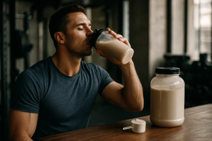 Muž pije srvátkový proteín z fľaše po tréningu