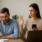Muži s bolesťou hlavy a žena s telefónom, symbolizujúca elektromagnetické vlny.