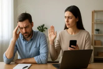 Muži s bolesťou hlavy a žena s telefónom, symbolizujúca elektromagnetické vlny.