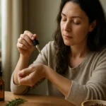 Žena aplikuje esenciálny olej na zápästie pre zlepšenie pohody.