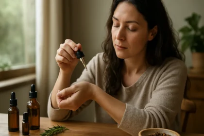 Žena aplikuje esenciálny olej na zápästie pre zlepšenie pohody.