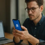 Muž s mobilným telefónom používajúci aplikáciu Revolut na online platby.