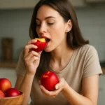 Žena vychutnávajúca si šťavnaté nektárinky v kuchyni.