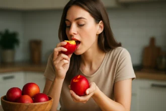 Žena vychutnávajúca si šťavnaté nektárinky v kuchyni.