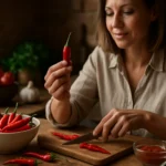 Žena pripravuje pálivú papriku v kuchyni a objavuje jej výhody.