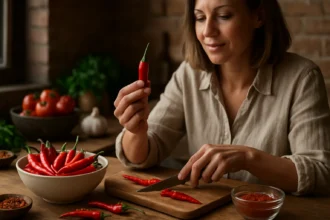 Žena pripravuje pálivú papriku v kuchyni a objavuje jej výhody.