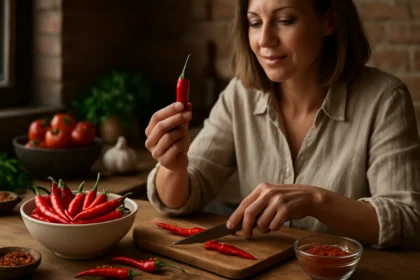 Žena pripravuje pálivú papriku v kuchyni a objavuje jej výhody.