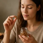 Žena drží škoricovú tabletu a skúma jej výhody pre zdravie.