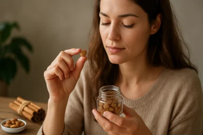 Žena drží škoricovú tabletu a skúma jej výhody pre zdravie.