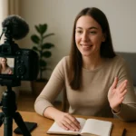 Žena nahráva video pomocou kamery a poznámkového bloku.