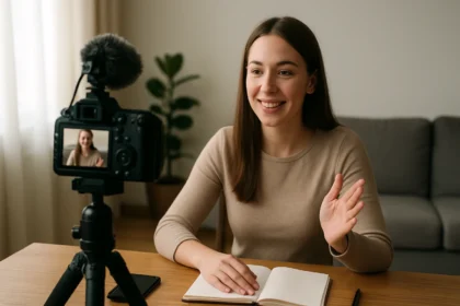 Žena nahráva video pomocou kamery a poznámkového bloku.