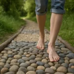 Osoba kráčajúca po Kneippovom chodníku na prírodnom podklade.